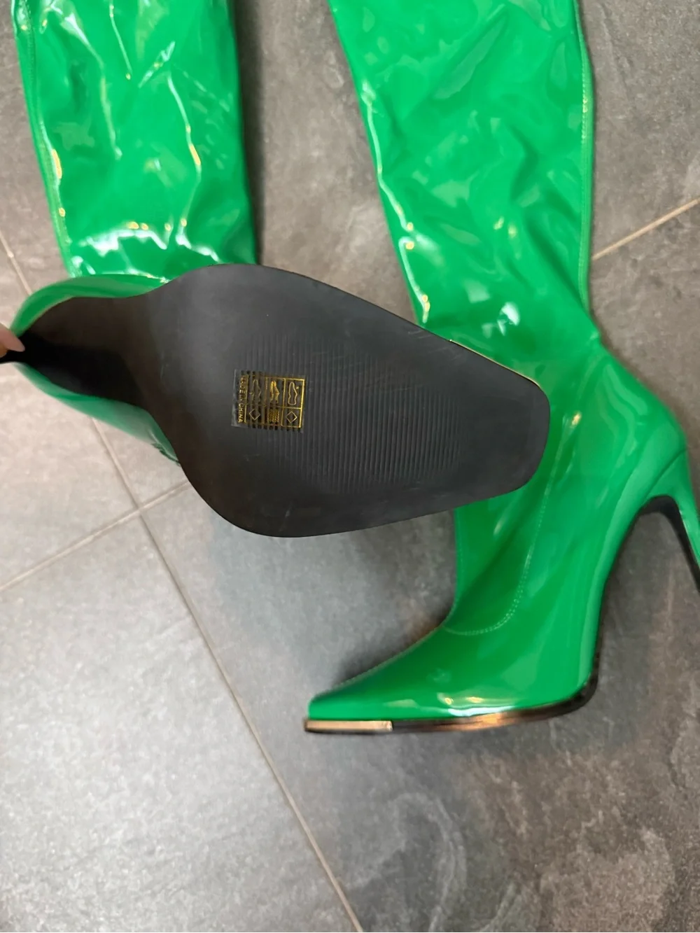 Green Patent Knee-High Stiletto Boots - Women's Fashion Boots